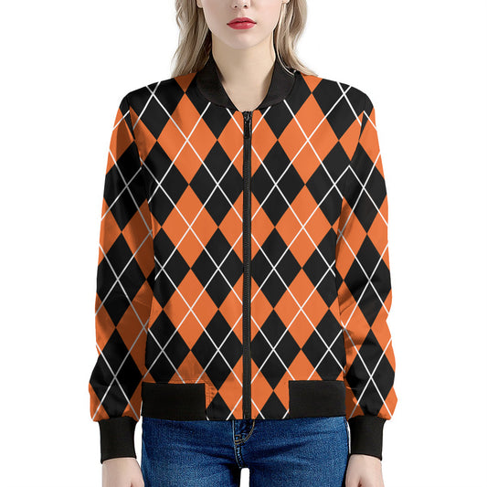 Orange And Black Argyle Print Women's Bomber Jacket