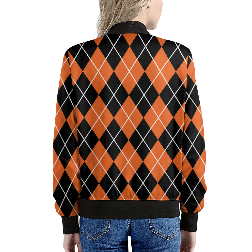 Orange And Black Argyle Print Women's Bomber Jacket