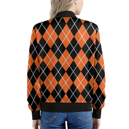 Orange And Black Argyle Print Women's Bomber Jacket
