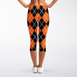 Orange And Black Argyle Print Women's Capri Leggings