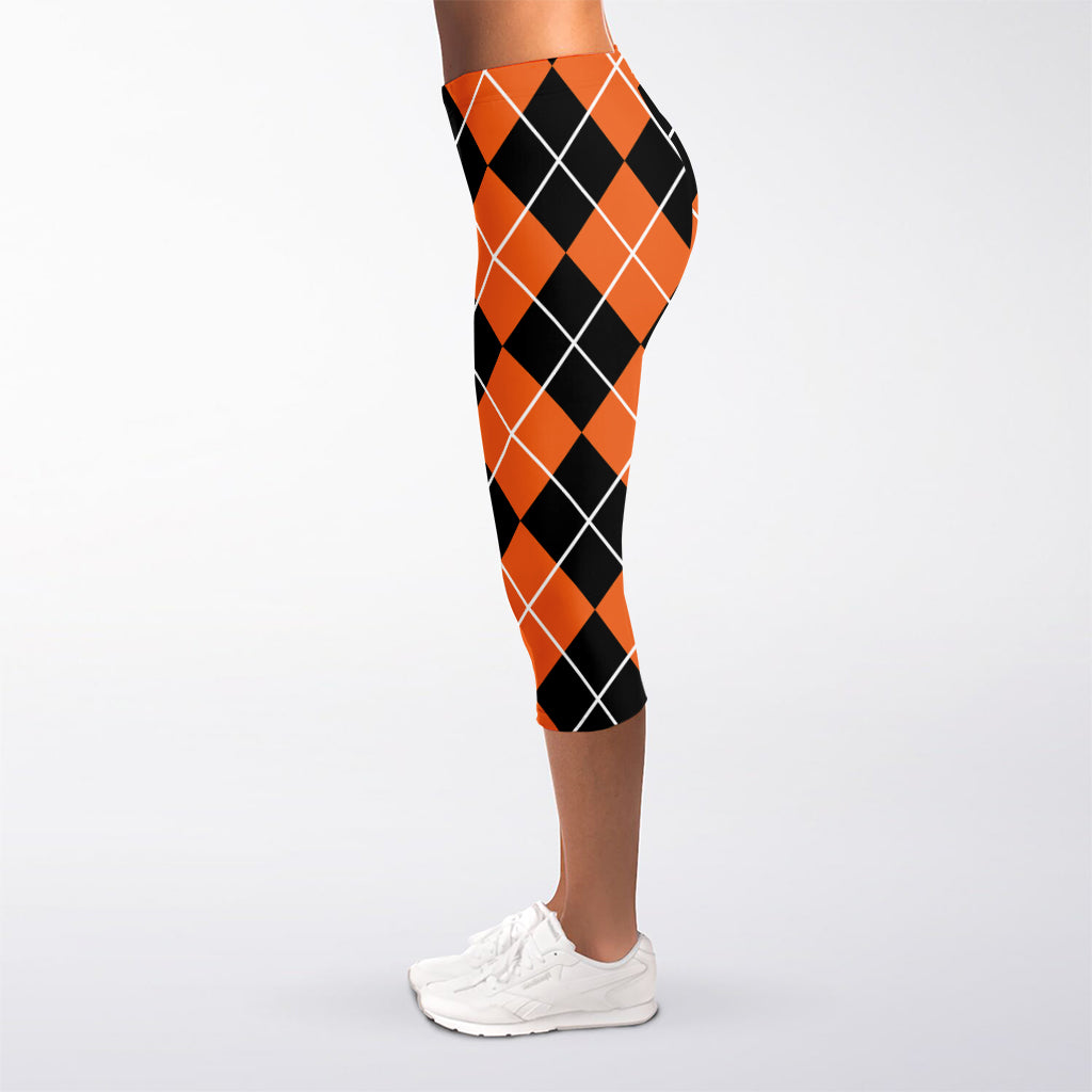 Orange And Black Argyle Print Women's Capri Leggings