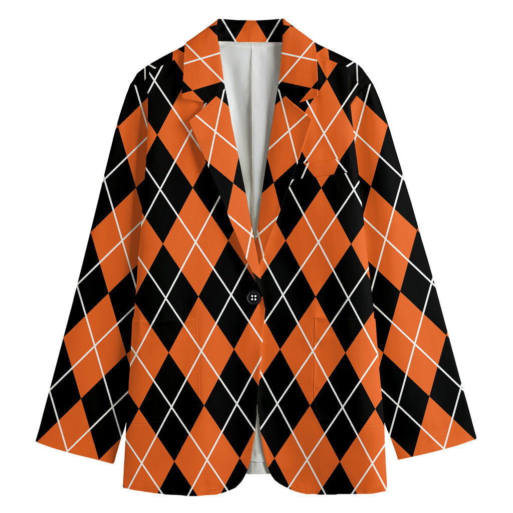 Orange And Black Argyle Print Women's Cotton Blazer