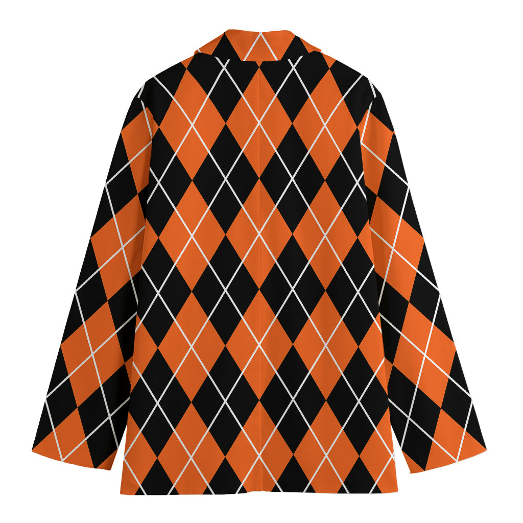 Orange And Black Argyle Print Women's Cotton Blazer