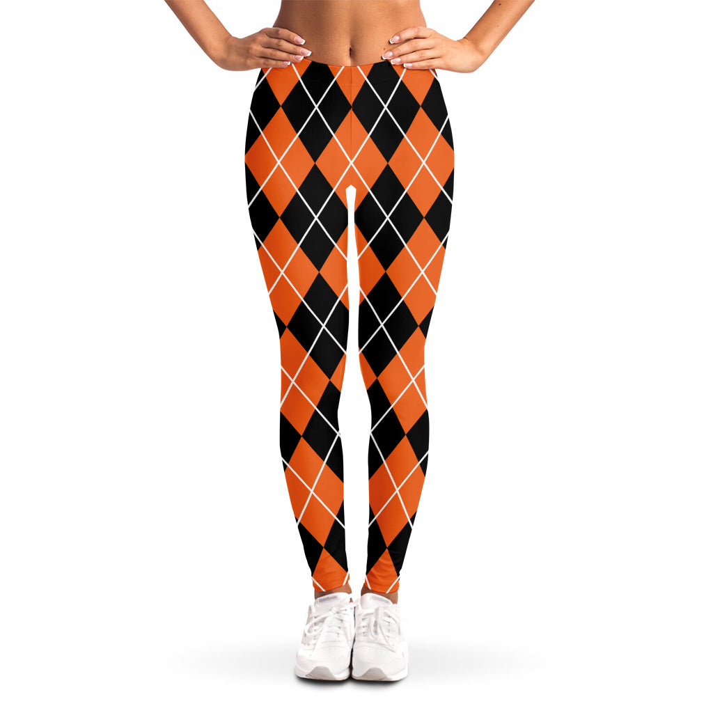 Orange And Black Argyle Print Women's Leggings