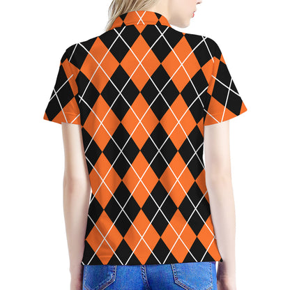 Orange And Black Argyle Print Women's Polo Shirt