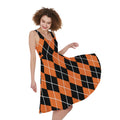 Orange And Black Argyle Print Sleeveless Knee Length Dress