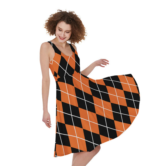 Orange And Black Argyle Print Women's Sleeveless Dress