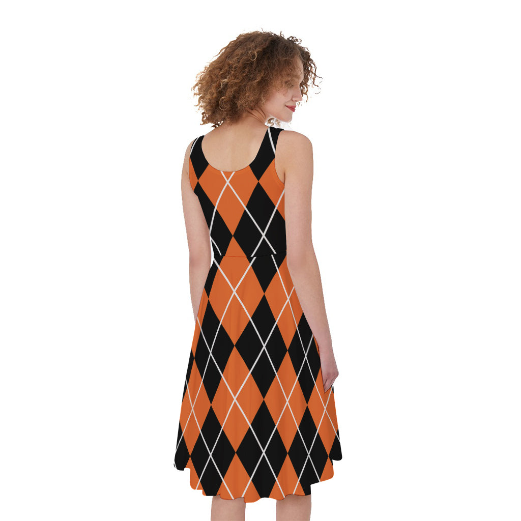 Orange And Black Argyle Print Women's Sleeveless Dress