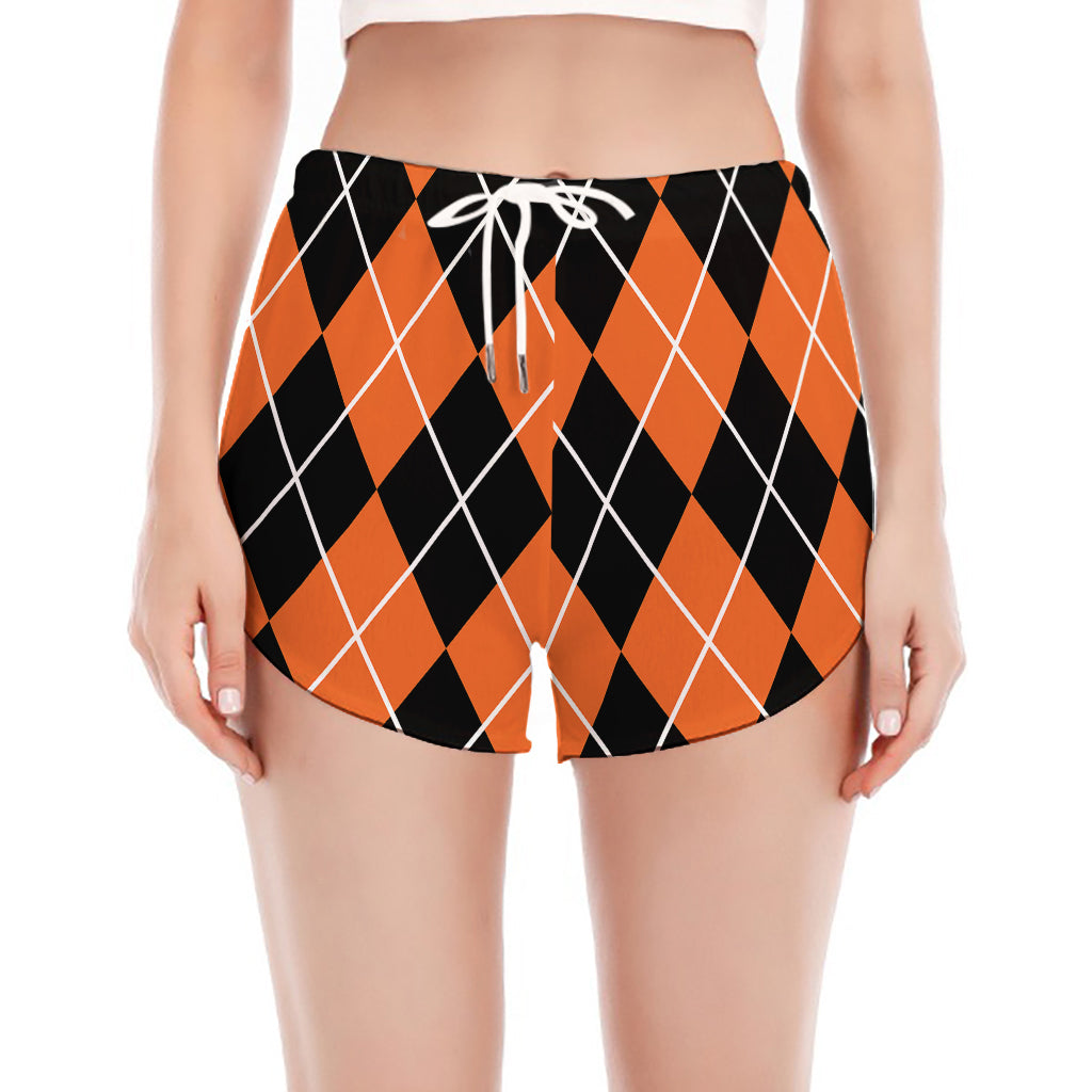Orange And Black Argyle Print Women's Split Running Shorts