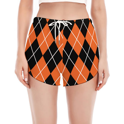 Orange And Black Argyle Print Women's Split Running Shorts