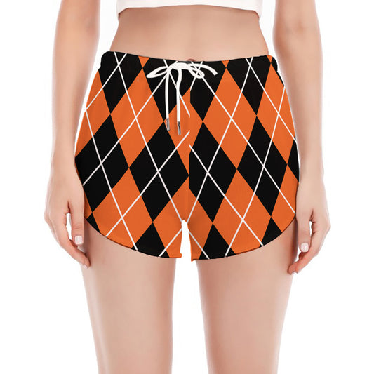 Orange And Black Argyle Print Women's Split Running Shorts