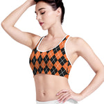 Orange And Black Argyle Print Women's Sports Bra