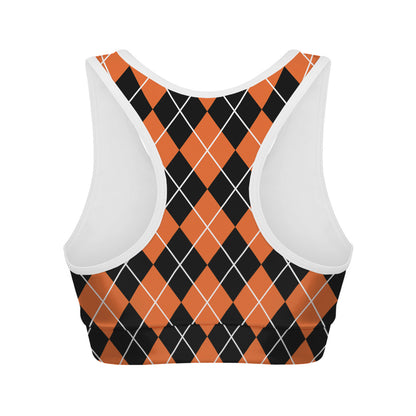 Orange And Black Argyle Print Women's Sports Bra
