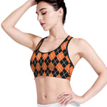 Orange And Black Argyle Print Women's Sports Bra