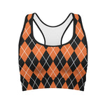 Orange And Black Argyle Print Women's Sports Bra