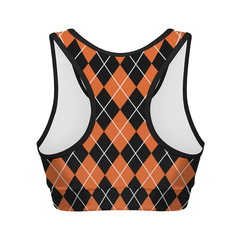 Orange And Black Argyle Print Women's Sports Bra
