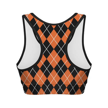 Orange And Black Argyle Print Women's Sports Bra