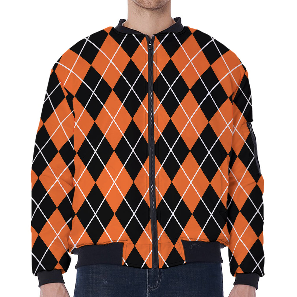 Orange And Black Argyle Print Zip Sleeve Bomber Jacket