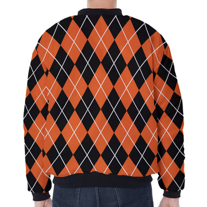 Orange And Black Argyle Print Zip Sleeve Bomber Jacket