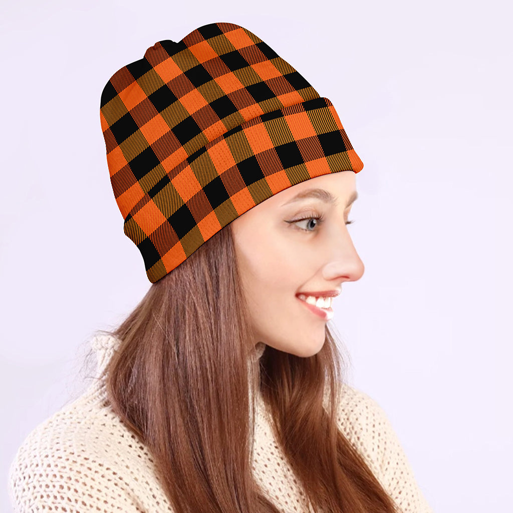 Orange And Black Buffalo Check Print Beanie