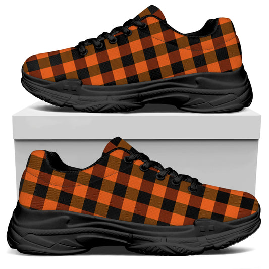 Orange And Black Buffalo Check Print Black Chunky Shoes