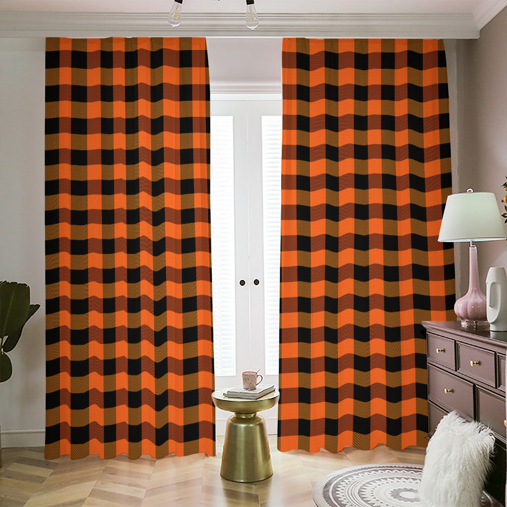 Orange And Black Buffalo Check Print Blackout Pencil Pleat Curtains