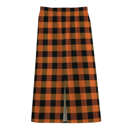Orange And Black Buffalo Check Print Cotton Front Slit Maxi Skirt