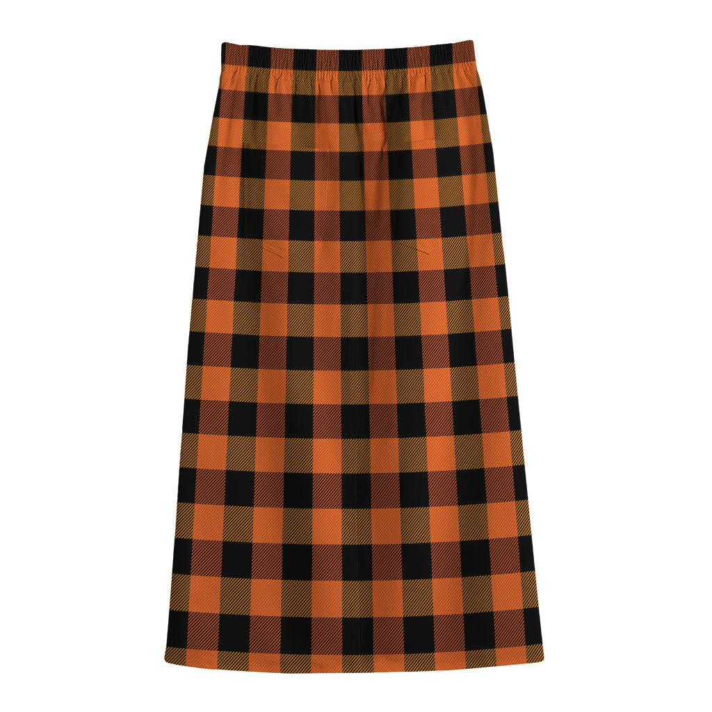 Orange And Black Buffalo Check Print Cotton Front Slit Maxi Skirt