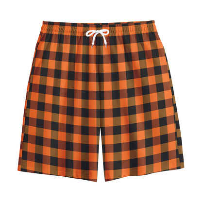 Orange And Black Buffalo Check Print Cotton Shorts