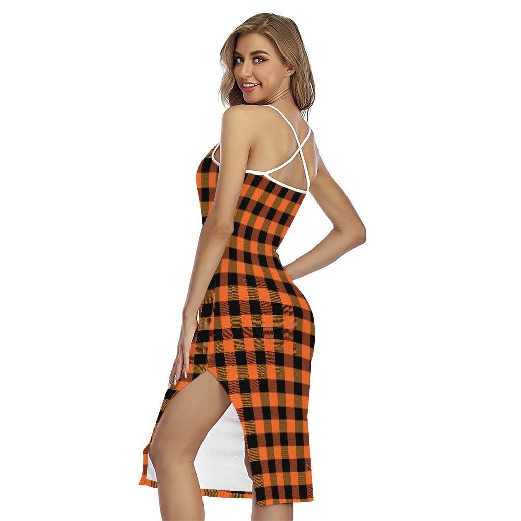 Orange And Black Buffalo Check Print Cross Back Cami Dress