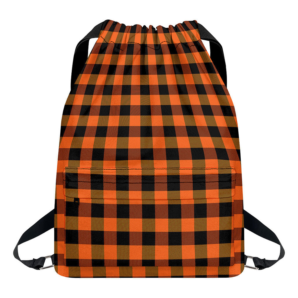 Orange And Black Buffalo Check Print Drawstring Backpack