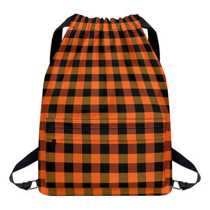 Orange And Black Buffalo Check Print Drawstring Backpack