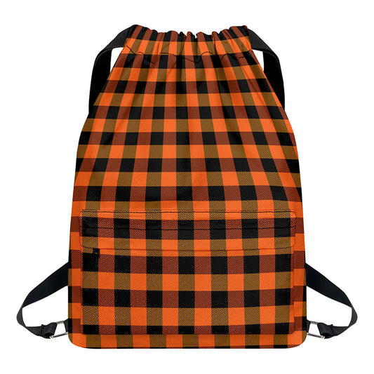 Orange And Black Buffalo Check Print Drawstring Backpack