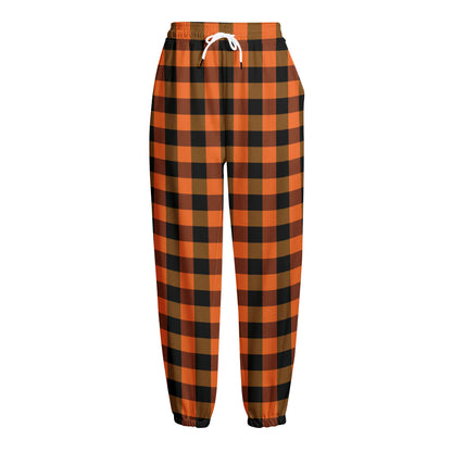 Orange And Black Buffalo Check Print Fleece Lined Knit Pants