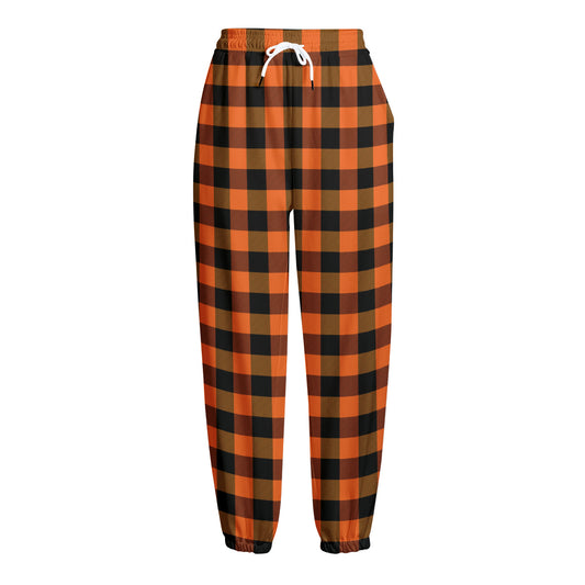 Orange And Black Buffalo Check Print Fleece Lined Knit Pants