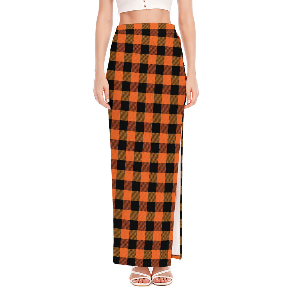 Orange And Black Buffalo Check Print High Slit Maxi Skirt