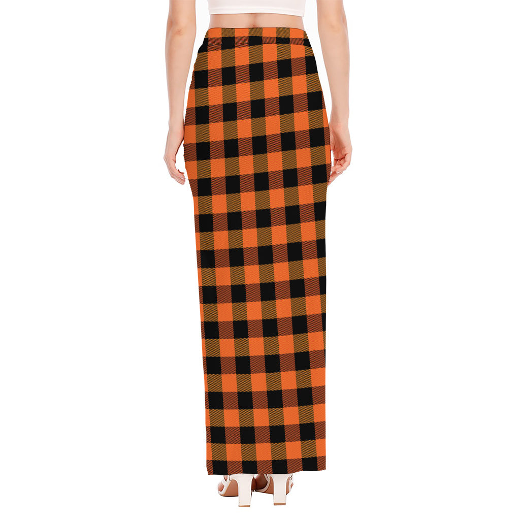Orange And Black Buffalo Check Print High Slit Maxi Skirt
