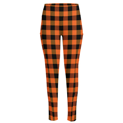 Orange And Black Buffalo Check Print High-Waisted Pocket Leggings