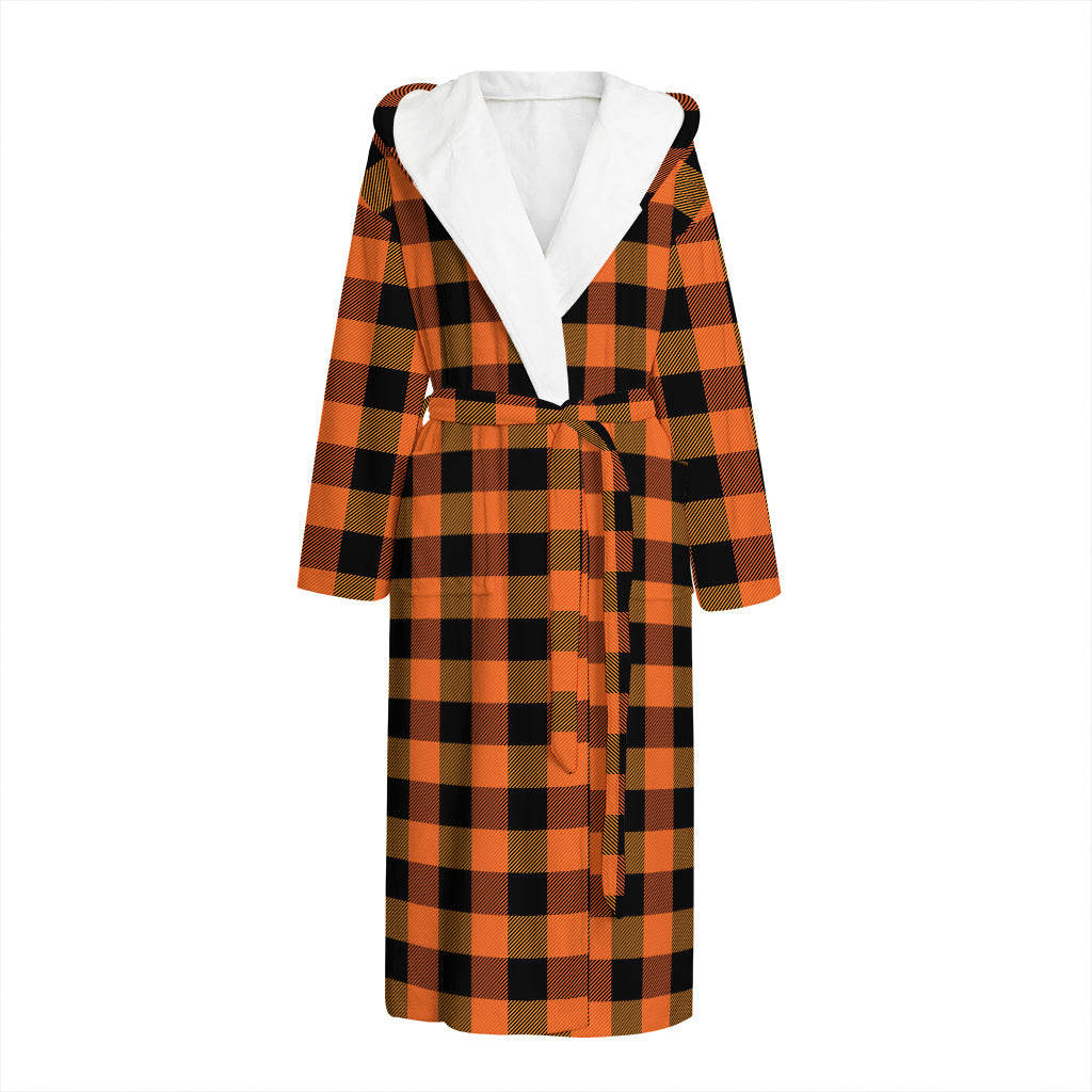 Orange And Black Buffalo Check Print Hooded Bathrobe