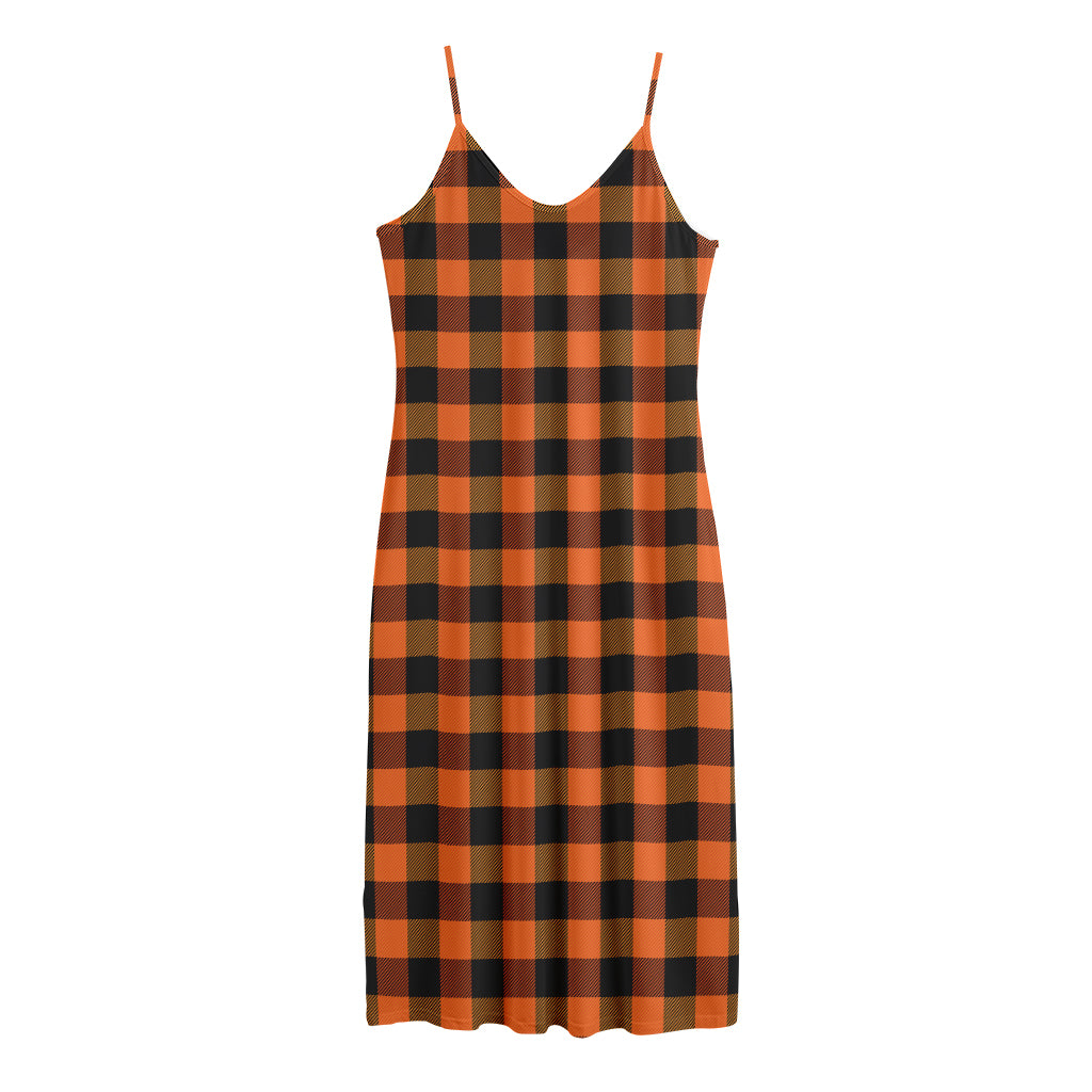 Orange And Black Buffalo Check Print Jersey Midi Cami Dress