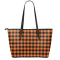 Orange And Black Buffalo Check Print Leather Tote Bag With Zipper