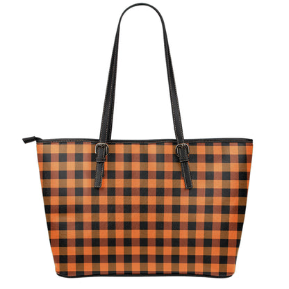 Orange And Black Buffalo Check Print Leather Tote Bag