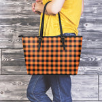 Orange And Black Buffalo Check Print Leather Tote Bag