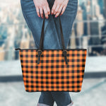 Orange And Black Buffalo Check Print Leather Tote Bag