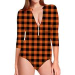 Orange And Black Buffalo Check Print Long Sleeve Swimsuit