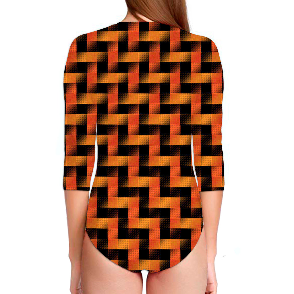 Orange And Black Buffalo Check Print Long Sleeve Swimsuit