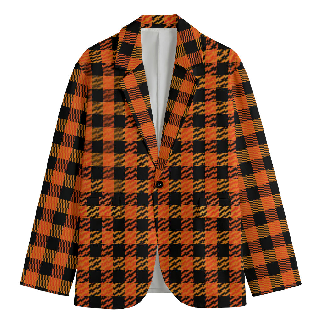 Orange And Black Buffalo Check Print Men's Cotton Blazer