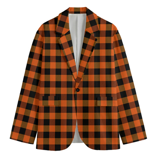 Orange And Black Buffalo Check Print Men's Cotton Blazer
