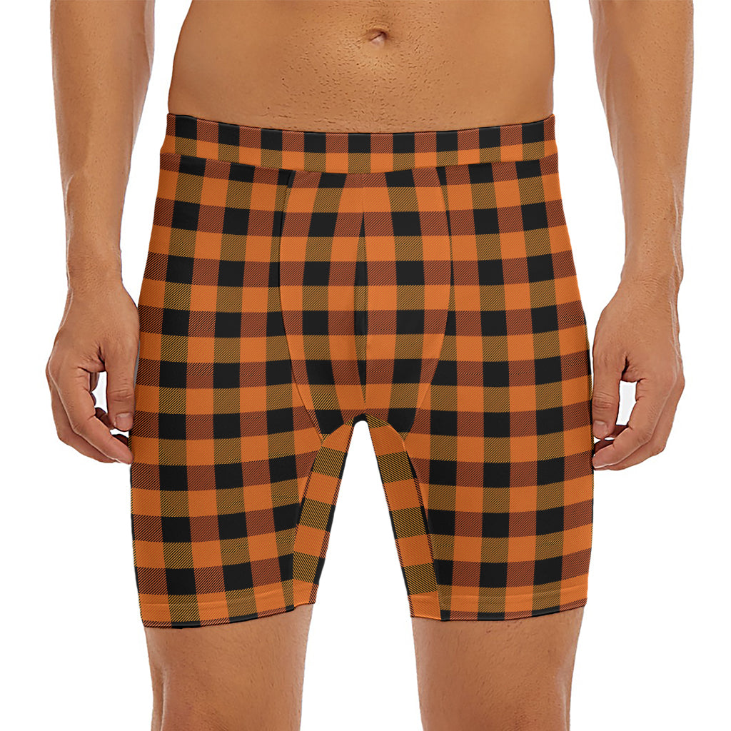 Orange And Black Buffalo Check Print Men's Long Boxer Briefs