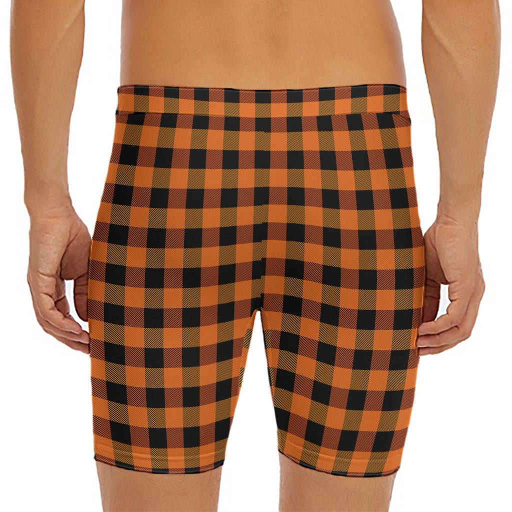 Orange And Black Buffalo Check Print Men's Long Boxer Briefs